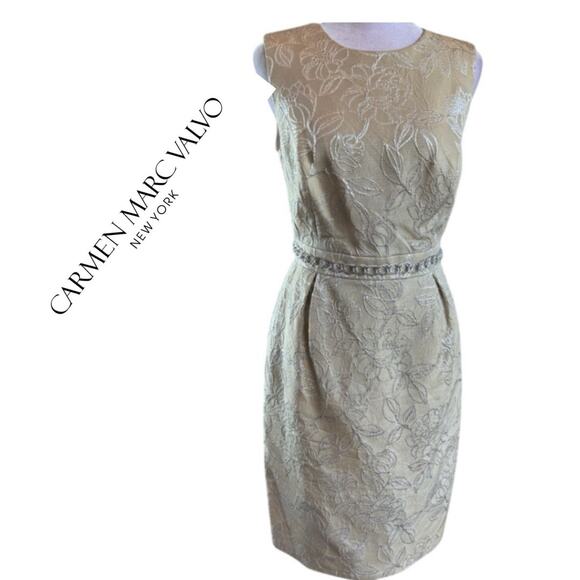 Carmen Marc Valvo Collection Tan Silver Metallic Evening Dress Like New 8 cotton - Picture 1 of 10